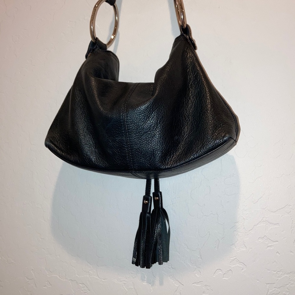 Alfani Black Leather magnetic close and flap over shoulder bag fringe and silver - Picture 7 of 15